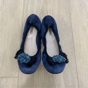 Miu Miu Navy Suede Jeweled Bow Tie Ballet Flats